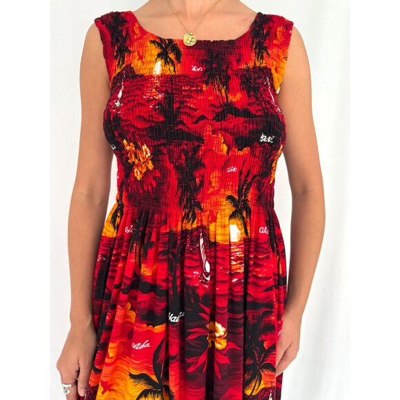 90s vintage red Hawaiian print beach vacation stretchy rayon cover up maxi dress - Picture 7 of 10